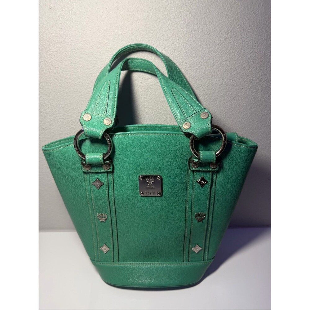 MCM Teal Green Leather Top-Handle Tote with COA